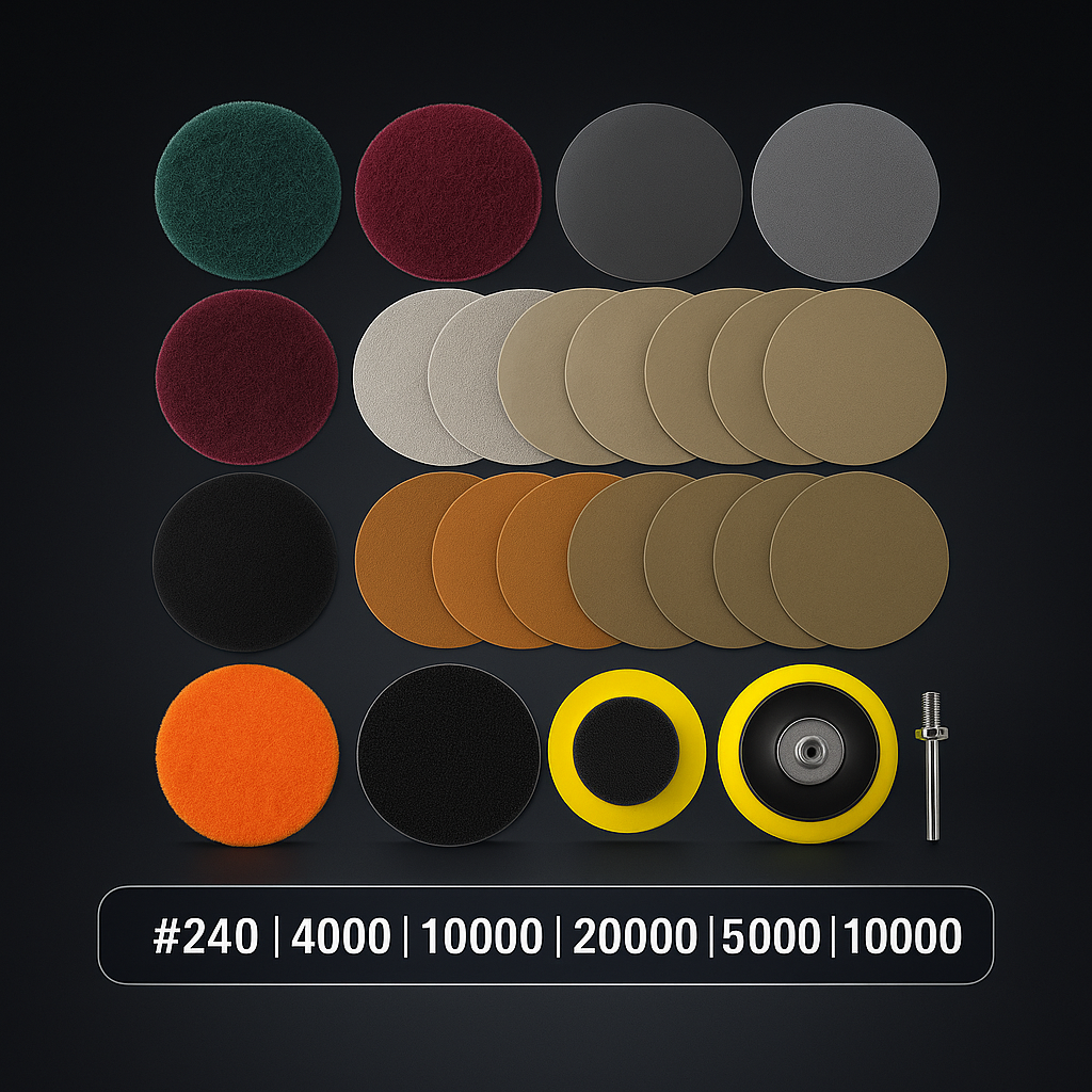 Plateau Velcro 75 mm + Kit disque abrasif Multi-grains 21 Pièces