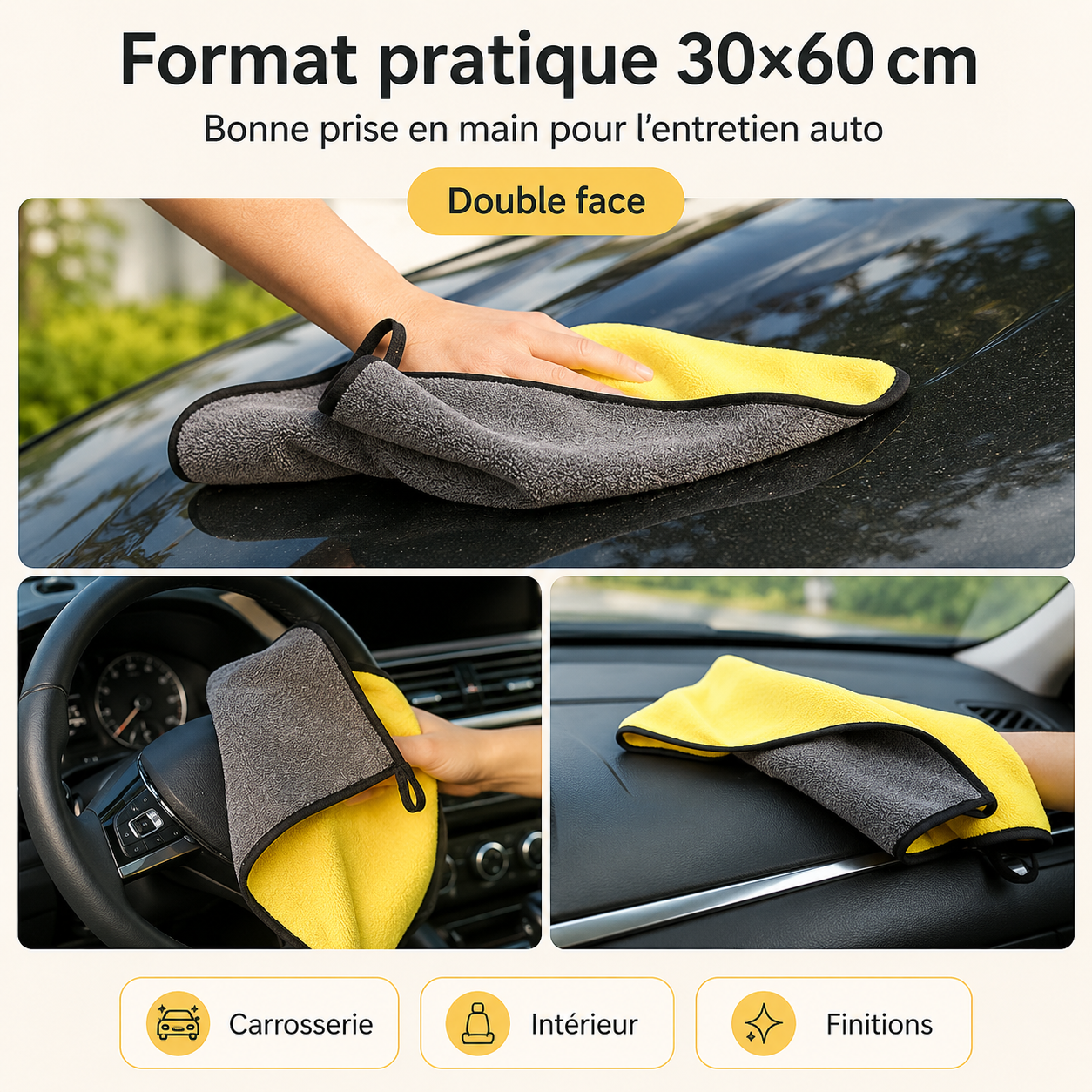 Lot de Microfibres Auto 30×60 cm – Double Face 350–390 GSM