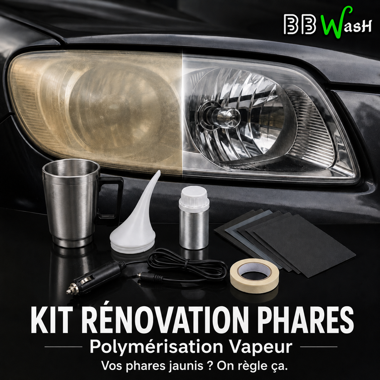 Kit Rénovation Phares par Polymérisation Vapeur — Optiques Jaunis & Ternis