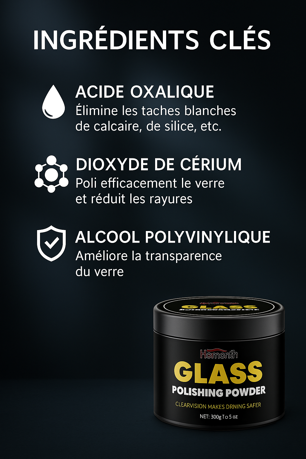 Glass Polishing Powder - Spéciale Traces de calcaire et silice